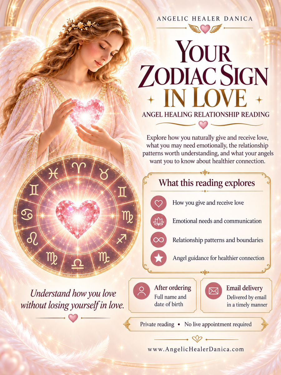 Your Zodiac Sign in Love — Angel Healing Relationship Reading. Love Language • Emotional Needs • Relationship Patterns • Communication • Boundaries • Giving & Receiving Love • Angel Healing • Healthier Connection