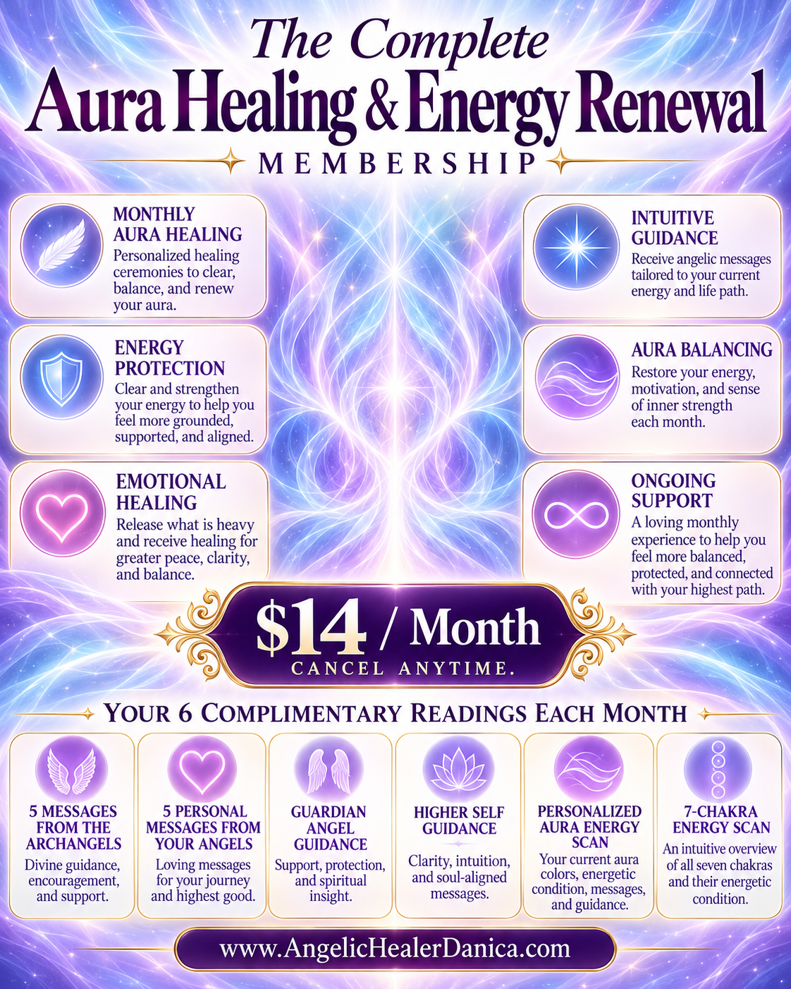 The Complete Aura Healing & Energy Renewal Membership. Monthly Personalized Aura Healing Ceremonies. Aura Energy Scans • Emotional Healing • Gentle Cord Cutting • Energy Clearing & Protection • Archangel Guidance • Spiritual Renewal