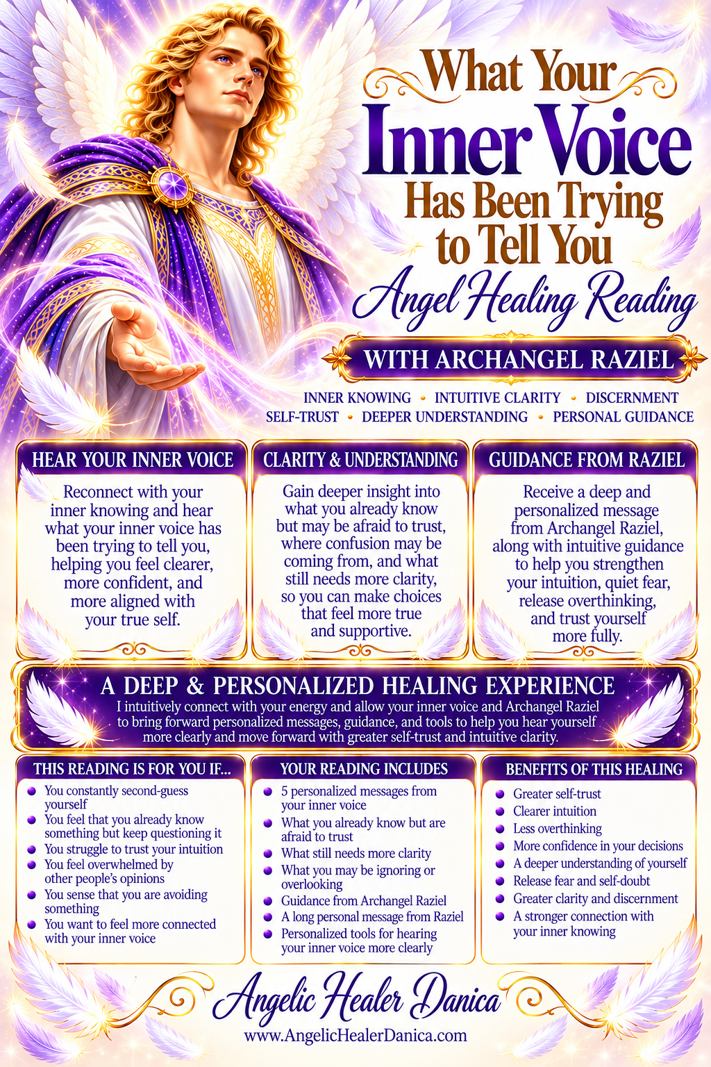 What Your Inner Voice Has Been Trying to Tell You. Personalized Angel Healing Reading With Archangel Raziel. Inner Knowing • Intuitive Clarity • Self-Trust • Personalized Messages
