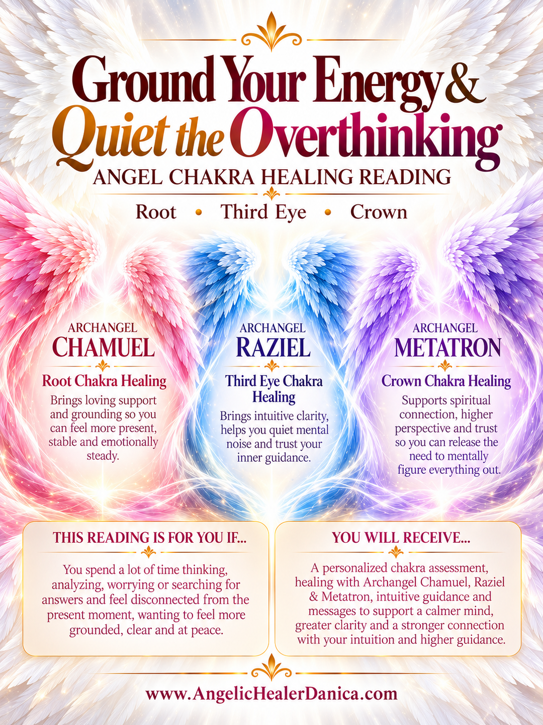 Ground Your Energy &amp; Quiet the Overthinking. Angel Chakra Healing Reading. Root • Third Eye • Crown