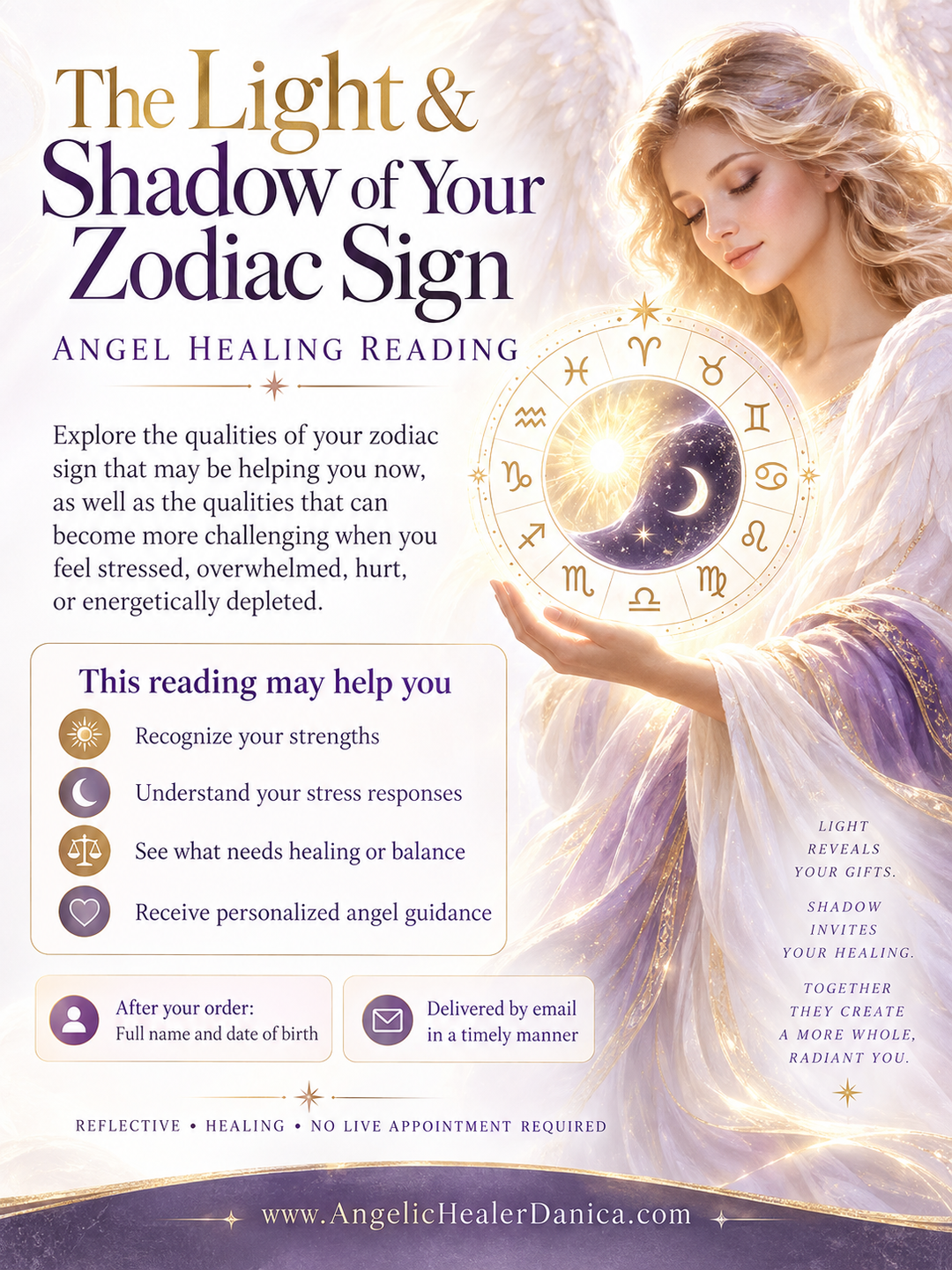 The Light &amp; Shadow of Your Zodiac Sign — Angel Healing Reading. Your Natural Strengths • Emotional Patterns • Stress Responses • Energetic Imbalances • Self-Understanding • Angel Healing • Personalized Guidance